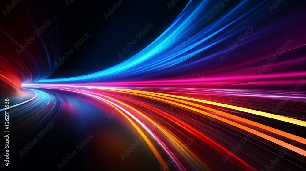Creative colorful abstract motion curves light beam of fast moving on dark background, colorful streaks of light illuminate a highway Creative colorful abstract motion curves light beam of fast moving on dark background, colorful streaks of light illuminate a highway