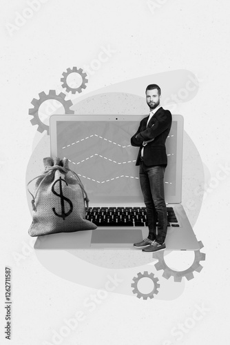 Poster template creative collage of successful investor stand cyber netbook save rich milion money e banking concept photo