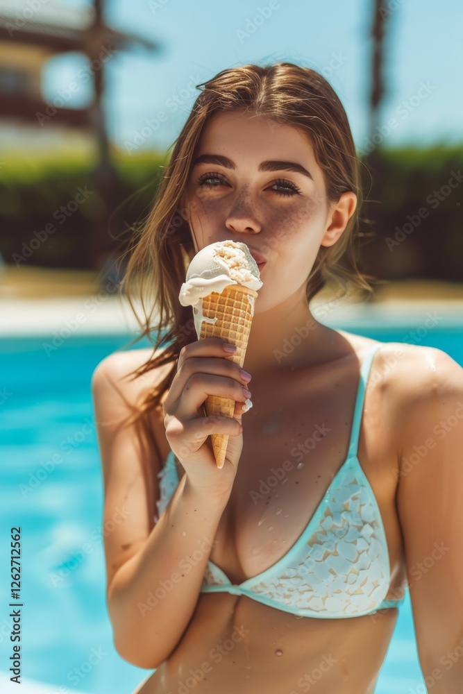 Beautiful Young Woman in Bikini Enjoys a Refreshing Ice Cream by the Pool on a Sunny Summer Day