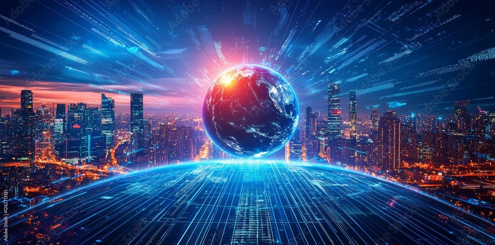 An AI-created visual of a cyber space background, highlighting a neon-colored global world within the metaverse, symbolizing future technological advancements in energy and internet connectivity. An AI-created visual of a cyber space background, highlighting a neon-colored global world within the metaverse, symbolizing future technological advancements in energy and internet connectivity.