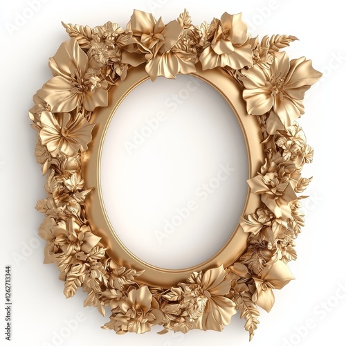 With a Baroque Victorian ornate border, this vintage oval round photo frame stands isolated against a transparent background. It's exemplary for use in royal interior luxury decor for enhancing