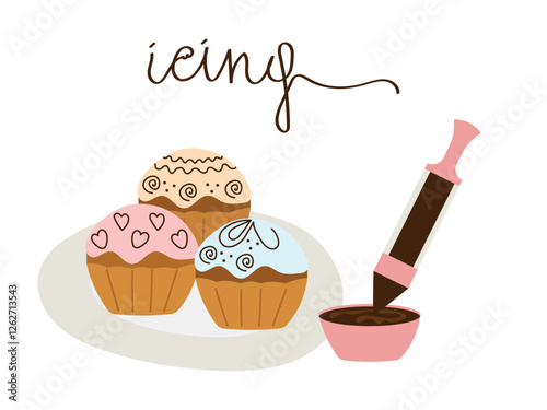Decorating cupcakes with chocolate icing from a pastry syringe. Cupcakes