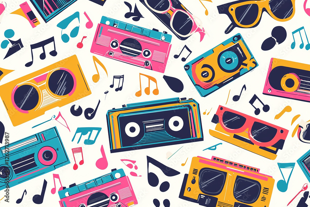 Colorful pattern featuring retro cassette tapes and sunglasses, evoking nostalgic vibe of 1980s. Perfect for music lovers and vintage enthusiasts
