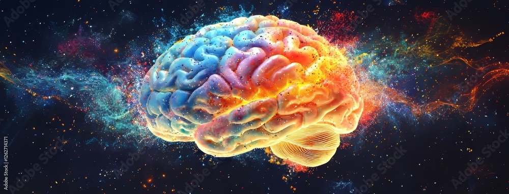Fototapeta premium A depiction of the human brain overflowing with creativity, showcasing diverse colors and animated movement.
