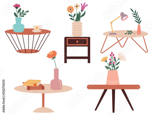 Set of coffee tables and nightstands with vases and flowers in flat style. Vector Interior elements