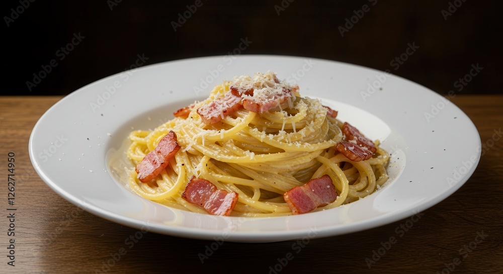 Delicious Spaghetti Carbonara with Crispy Bacon and Parmesan Cheese Delicious Spaghetti Carbonara with Crispy Bacon and Parmesan Cheese