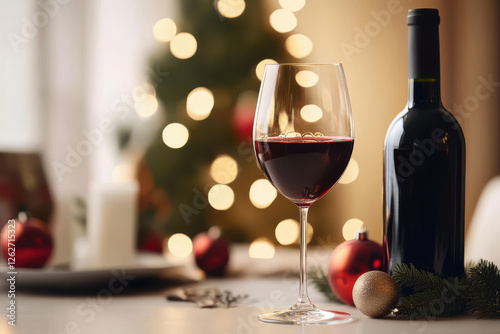 A glass of red wine and bottle on a table with Christmas decorations in the background photo