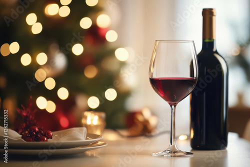 A glass of red wine and bottle on a table with Christmas decorations in the background photo