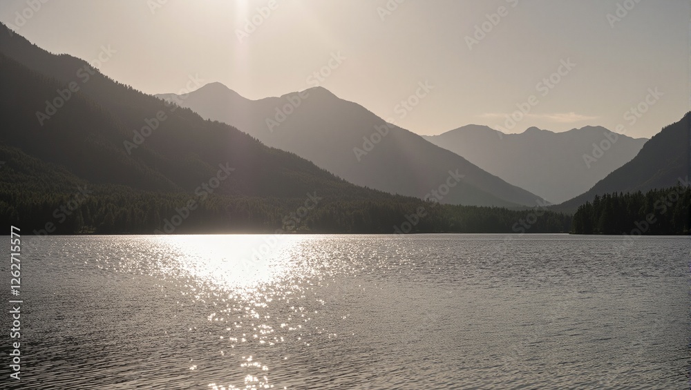 Serene sunrise over a sparkling lake casting a golden hue on majestic mountains and lush forests Serene sunrise over a sparkling lake casting a golden hue on majestic mountains and lush forests
