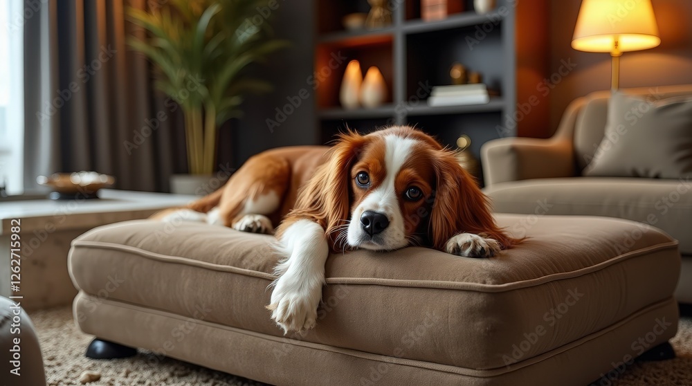 Dog relaxing on a comfortable sofa in a cozy living room setting Dog relaxing on a comfortable sofa in a cozy living room setting
