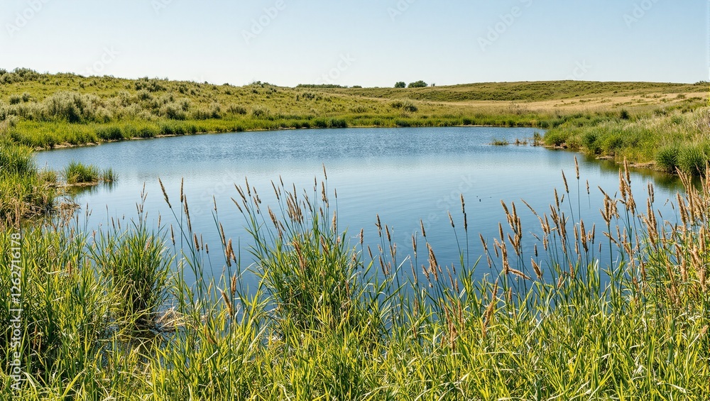 Tranquil lake nestled in a meadow surrounded by tall swaying grasses Ideal for nature and relaxation concepts Tranquil lake nestled in a meadow surrounded by tall swaying grasses Ideal for nature and relaxation concepts