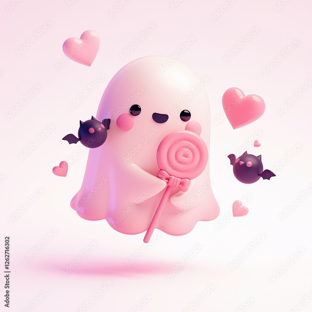 Adorable Pink Ghost with Lollipop Bats Hearts Cute Halloween Valentine s Day Design Adorable Pink Ghost with Lollipop Bats Hearts Cute Halloween Valentine s Day Design