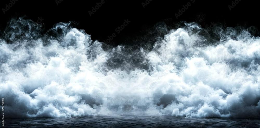 Obraz premium In a mesmerizing display, mystical mist and swirling smoke form a dark and light symphony, resulting in a fluid fantasia. The abstract dance of fog and light unfolds gracefully on the floor with a