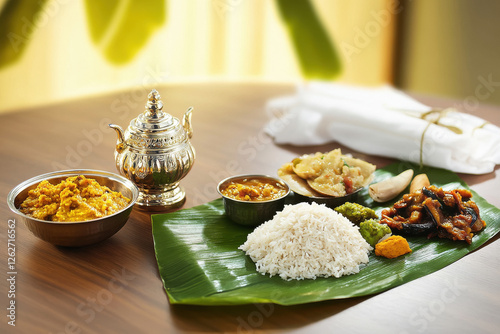 A banana leaf spread with traditional South Indian food, including brown rice and coconut chutney photo