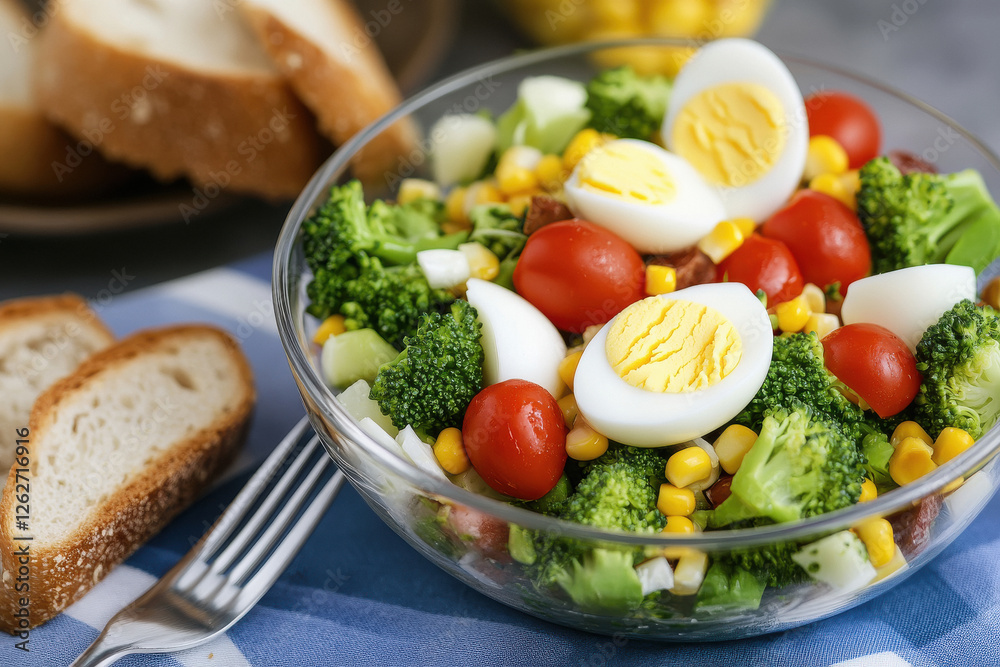A salad with broccoli, egg, corn and cherry tomatoes in glass bowl healthy food concept A salad with broccoli, egg, corn and cherry tomatoes in glass bowl healthy food concept