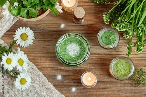 Natural face mask with botanical ingredients displayed on a spal ike setting. photo