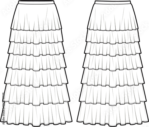 Technical flat sketch of Tiered long skirt. Layered maxi skirt with flounce hem. Vector mock up Template. 