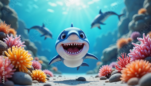 Cartoon baby shark with a playful expression swimming among vibrant corals and sea anemones in a lively underwater scene, 