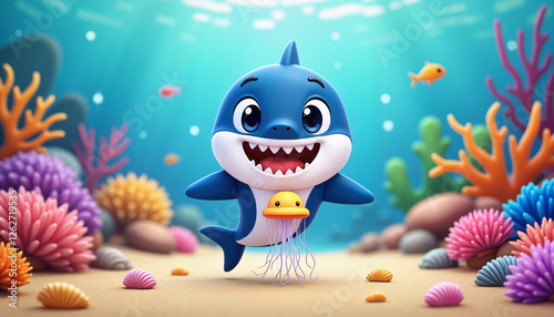 Cartoon baby shark joyfully playing with jellyfish in a colorful coral garden at dawn, playful marine adventure concept.