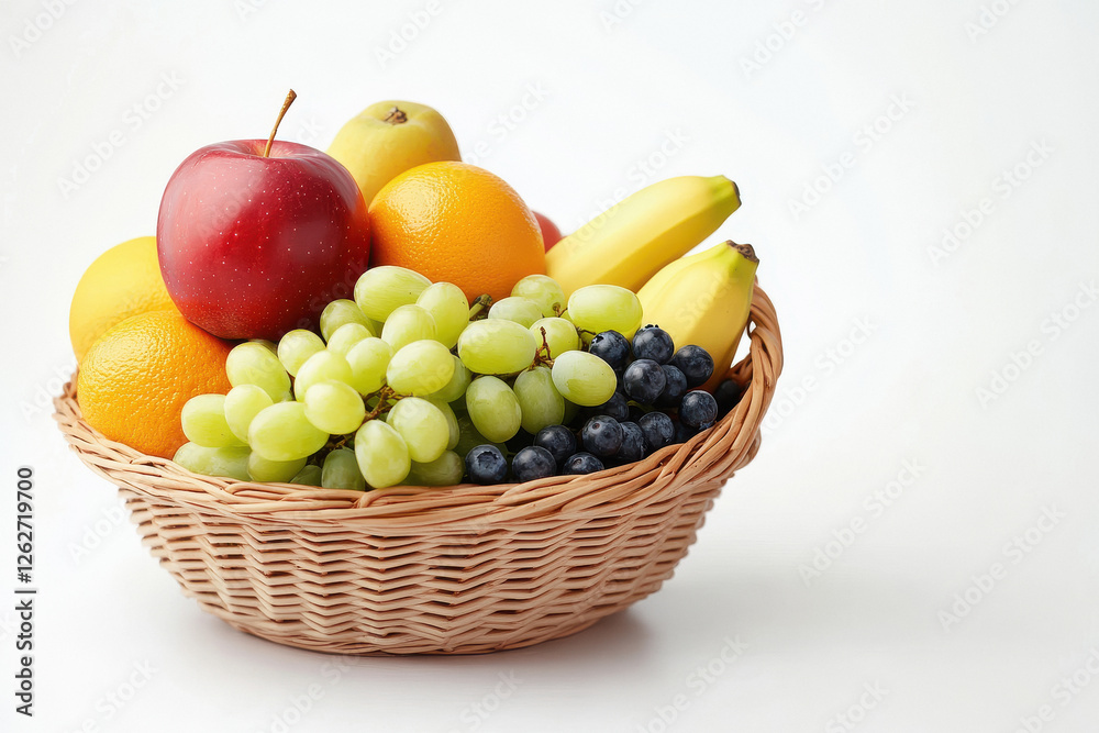 A basket of fresh fruits including apples, bananas and grapes on a wooden table. A basket of fresh fruits including apples, bananas and grapes on a wooden table.