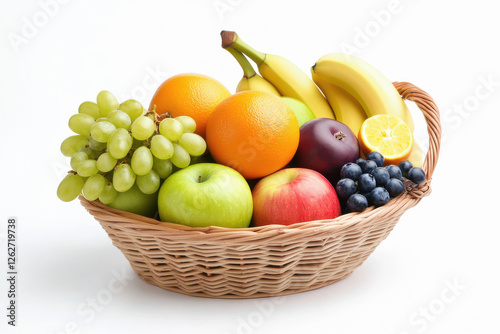 A basket of fresh fruits including apples, bananas and grapes on a wooden table.