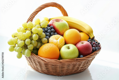 A basket of fresh fruits including apples, bananas and grapes on a wooden table.