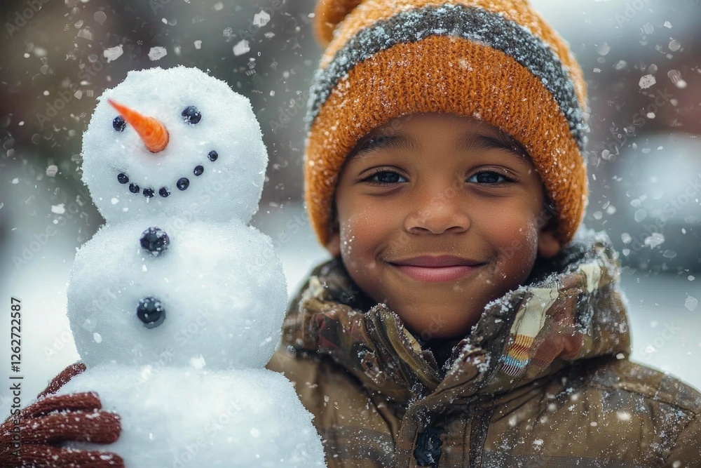 African American Boy Builds Snowman Outdoors African American Boy Builds Snowman Outdoors