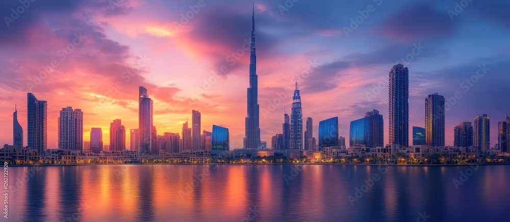 Obraz premium Cityscape sunset, waterfront, skyscrapers, colorful clouds