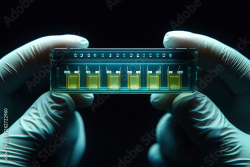 Gloved Hands Holding Microfluidic Device with Yellow Samples photo