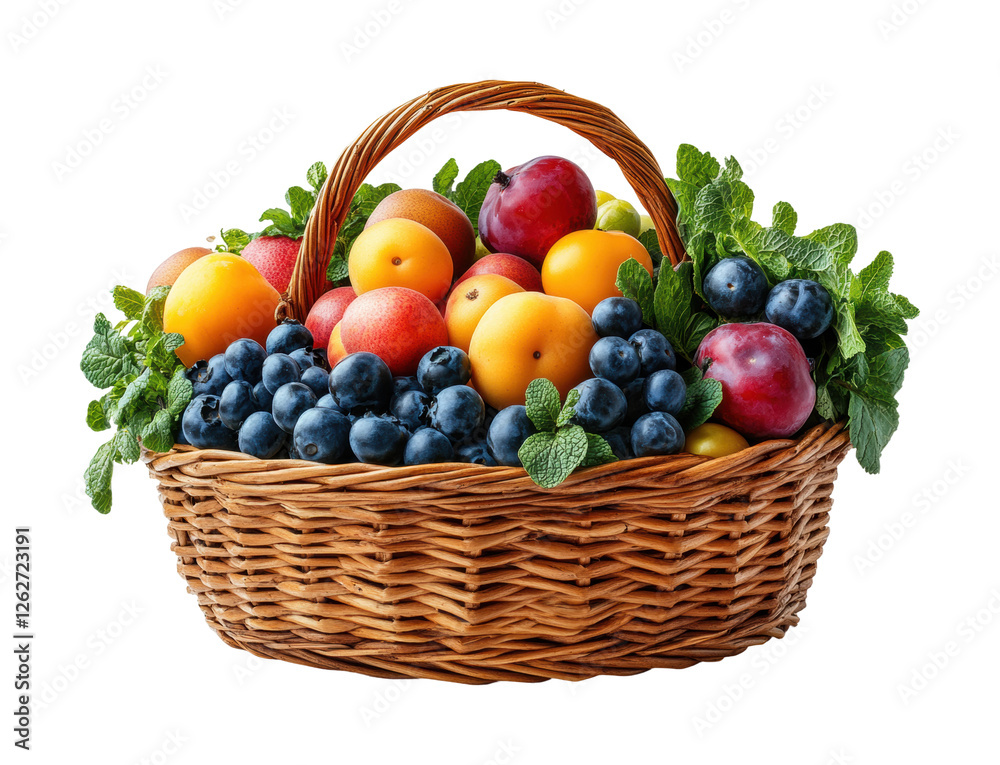 Harvesting fresh fruits in a woven basket isolated on transparent background - Generative AI Harvesting fresh fruits in a woven basket isolated on transparent background - Generative AI