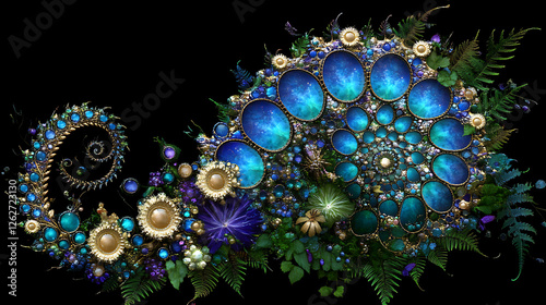 Jeweled Flora Fractal Spiral Galaxy Fantasy Composition Complex Ornamentation on Black Backdrop