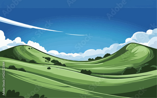 Vibrant green hills under a bright blue sky with fluffy white clouds, creating a serene and picturesque landscape