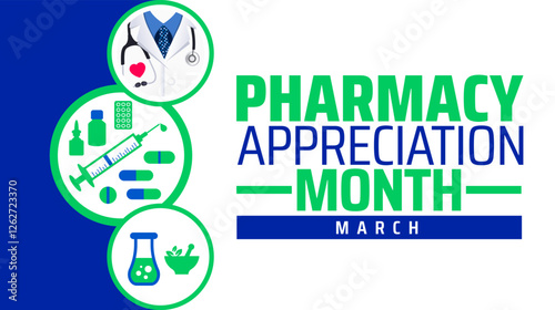 Pharmacy Appreciation Month background banner or poster design template. observed every year in March. Holiday concept. Use to any Template, card, poster, placard, template.