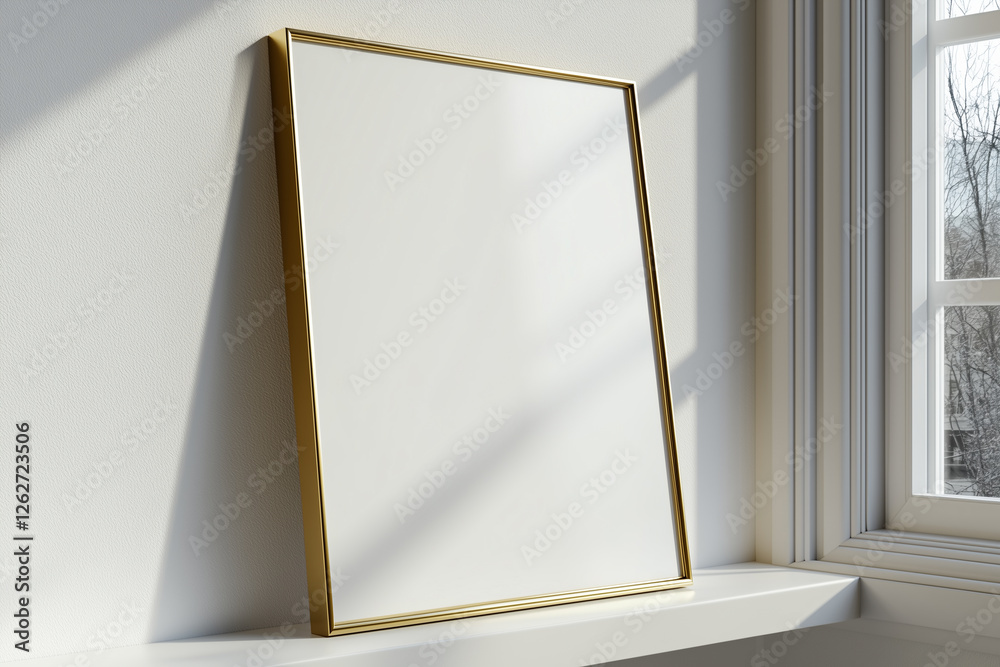 Elegant blank poster mockup in gold foil frame on white shelf with soft natural lighting Elegant blank poster mockup in gold foil frame on white shelf with soft natural lighting