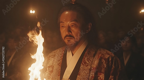 Korean Nobleman Illuminated by Flames Amidst Attentive Crowd in Historical Drama Setting Scene photo