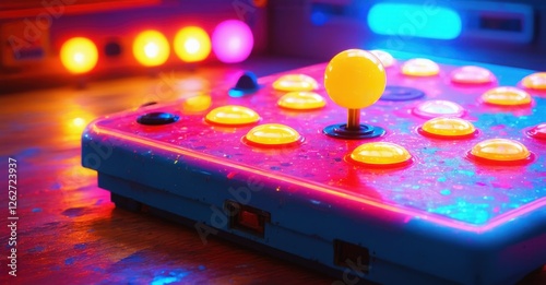 Retro arcade joystick with glowing yellow buttons and neon reflections. Classic gaming controller on a wooden surface with vibrant lighting and nostalgic cyber aesthetics photo