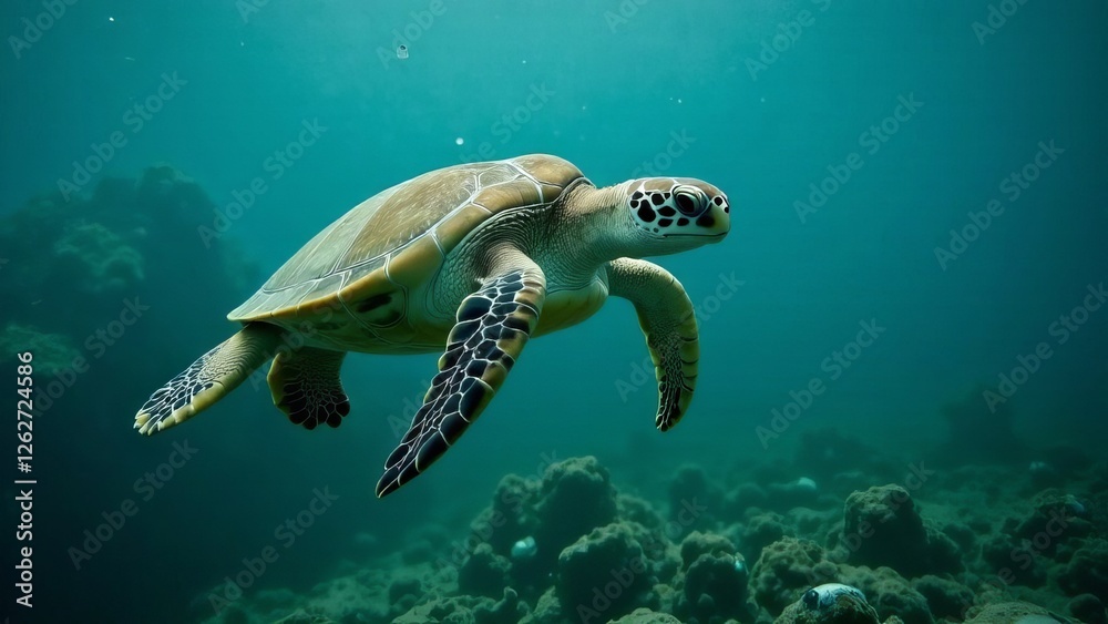 Fototapeta premium A sad sea turtle swimming near a plastic bag floating in the ocean