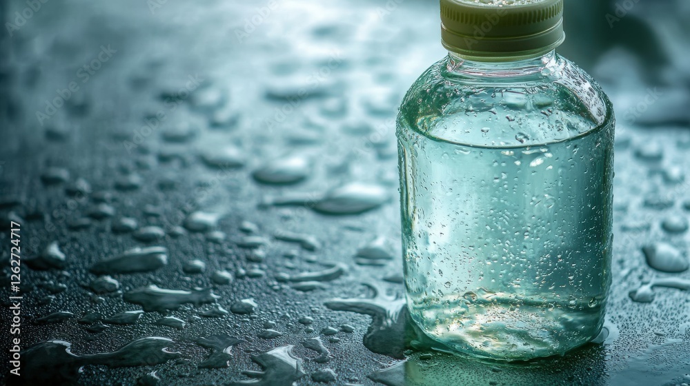 Refreshing water bottle on wet surface indoor setting product photography close-up clear liquid calm ambiance Refreshing water bottle on wet surface indoor setting product photography close-up clear liquid calm ambiance
