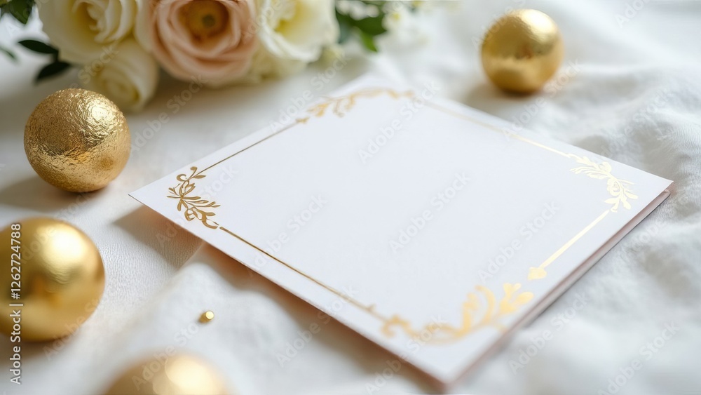 Fototapeta premium Art deco wedding invitation, decorated with gold elements, mockup