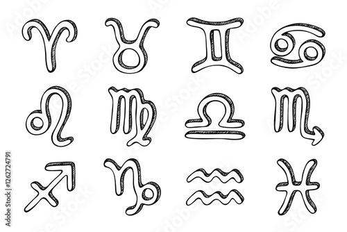 Hand drawn zodiac signs Esoteric symbol doodle set Astrology clipart Elements for design