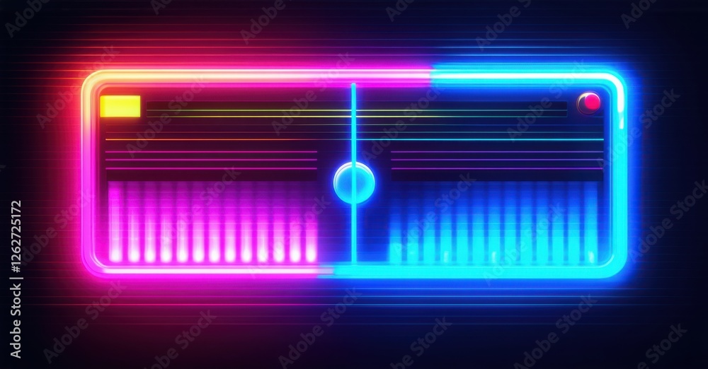 Retro Frequency concept with a neon FM dial glowing in vivid pink and blue. A futuristic radio tuner with sound distortion effects, symbolizing vintage nostalgia and modern energy Retro Frequency concept with a neon FM dial glowing in vivid pink and blue. A futuristic radio tuner with sound distortion effects, symbolizing vintage nostalgia and modern energy