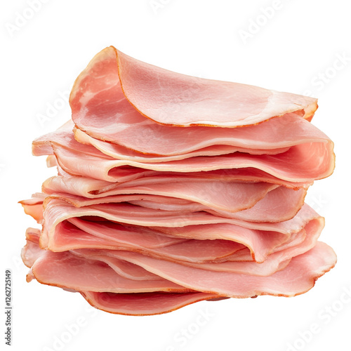 Thinly sliced ham pieces stacked neatly, showcasing their delicate texture and color. Perfect for sandwiches or charcuterie