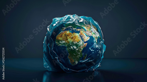  Earth globe tightly wrapped in plastic wrap