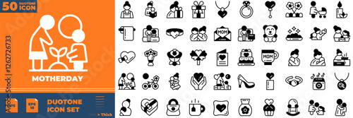 Motherday Duotone Editable Icons set. Vector illustration in modern thin duotone style of motherday icons: mother, heart, mom, etc