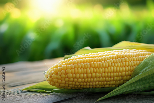 A close up of fresh yellow corn on the cob with green leaves