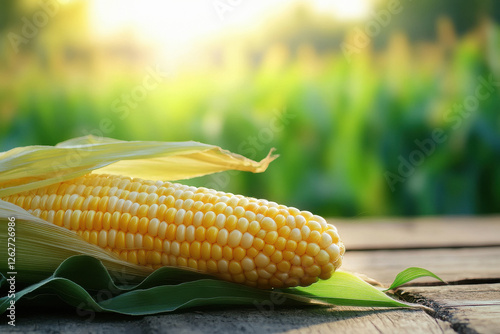 A close up of fresh yellow corn on the cob with green leaves