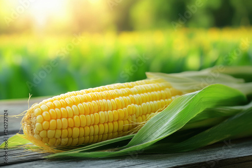 A close up of fresh yellow corn on the cob with green leaves