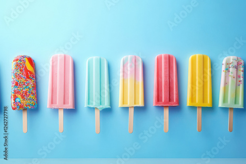 Vibrant summer popsicle arranged in a row on a blue background, featuring colorful and refreshing ice cream sticks