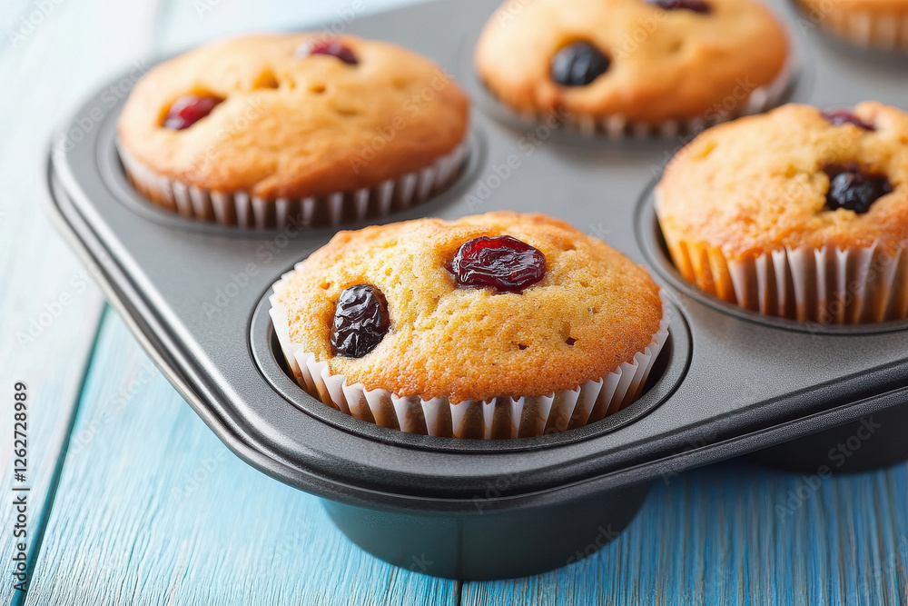 Muffins in an iron muffin tin on a blue wooden table, close up view of fruitcake inside the paper case. Muffins in an iron muffin tin on a blue wooden table, close up view of fruitcake inside the paper case.