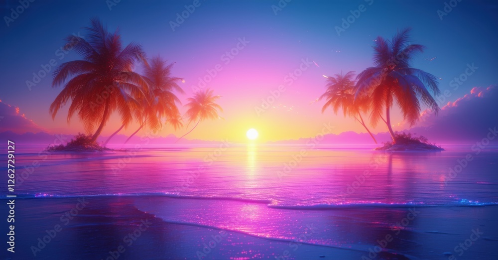 Naklejka premium Vibrant sunset over a tropical beach with glowing neon hues. Silhouetted palm trees sway on small islands as waves reflect pink, purple, and golden light, creating a dreamlike scene